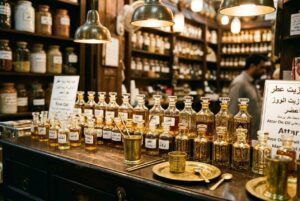 Rose oil and attar bottles displayed at a traditional perfume souk shop in Dubai