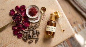 Rose, saffron and oud raw materials used in Oud Ma Attar Dubai blending