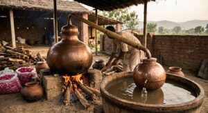 Traditional deg-bhapka distillation process for making attar