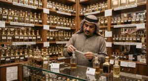 Traditional perfume shop in Deira, Dubai, showing attar and oud bottles