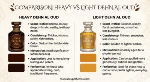 comparison graphic of heavy vs light dehn al oud
