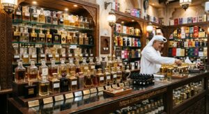 Traditional Dubai perfume shop counter with attar and Lattafa fragrance oil bottles